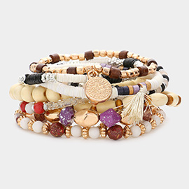 10PCS - Swirl Metal Disc Tassel Charm Wood Beaded Stretch Bracelets