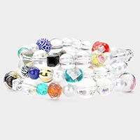 3PCS - Patterned Bead Accented Pearl Clear Lucite Ball Stretch Bracelets
