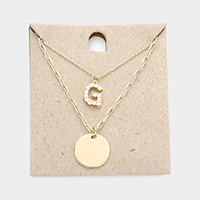 -G- Rhinestone Monogram Metal Disc Pendant Double Layered Necklace