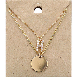 -H- Rhinestone Monogram Metal Disc Pendant Double Layered Necklace