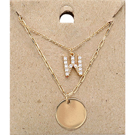 -W- Rhinestone Monogram Metal Disc Pendant Double Layered Necklace