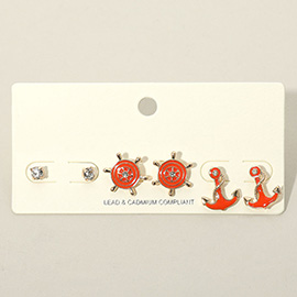 3PCS - Stone Embellished Enamel Ship Wheel Anchor Stud Earring Set