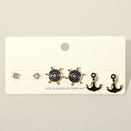 3PCS - Stone Embellished Enamel Ship Wheel Anchor Stud Earring Set