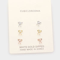3Pairs - Gold Dipped CZ Bow Stud Earrings