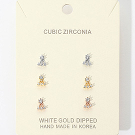 3Pairs - Gold Dipped CZ Abstract Stud Earrings