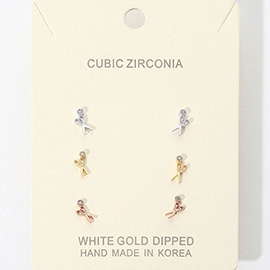 3Pairs - Gold Dipped CZ Scissors Stud Earrings