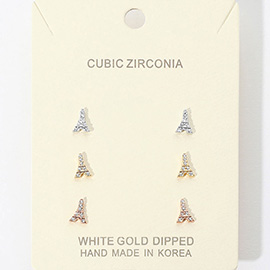 3Pairs - Gold Dipped CZ Eiffel Tower Stud Earrings