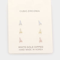 3Pairs - Gold Dipped CZ Eiffel Tower Stud Earrings