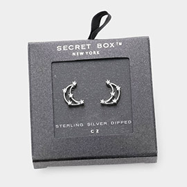 Secret Box _ Sterling Silver Dipped CZ Open Crescent Moon Stud Earrings