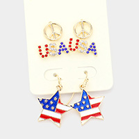 3Pairs - Peace Sign USA American Flag Star Earrings