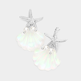 Metal Starfish Pearl Shell Link Dangle Earrings