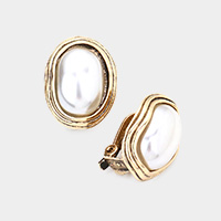 Pearl Centered Metal Oval Clip On Earrings