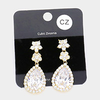 CZ Flower Detail Teardrop Dangle Evening Earrings