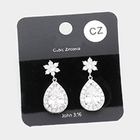 CZ Flower Accented Teardrop Dangle Evening Earrings