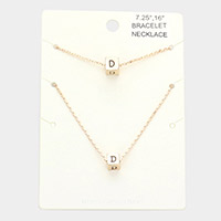 2PCS - -D- Monogram Metal Cube Pendant Necklace / Bracelet Set