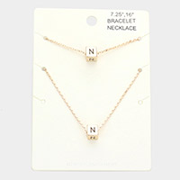 2PCS - -N- Monogram Metal Cube Pendant Necklace / Bracelet Set