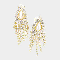 Teardrop Pearl Accented Rhinestone Fringe Dangle Evening Earrings