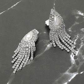 Teardrop Pearl Accented Rhinestone Fringe Dangle Evening Earrings