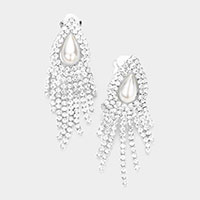 Teardrop Pearl Accented Rhinestone Fringe Dangle Evening Earrings