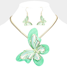 Celluloid Acetate Colored Metal Butterfly Pendant Necklace