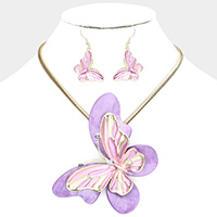 Celluloid Acetate Colored Metal Butterfly Pendant Necklace