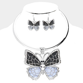 Colored Metal Stone Trim Butterfly Pendant Necklace