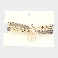 Stone Centered Metal Disc Charm Faceted Beaded Stretch Bracelet