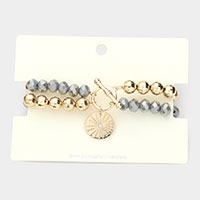 Stone Centered Metal Disc Charm Faceted Beaded Stretch Bracelet