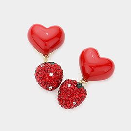 Resin Heart Rhinestone Embellished Strawberry Link Dangle Earrings