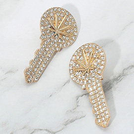 Leaf Accented Rhinestone Embellished Key Earrings