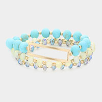 3PCS - Open Metal Rectangle Charm Semi Precious Faceted Bead Stretch Bracelets