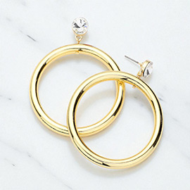 Round Stone Accented Open Metal Circle Link Dangle Earrings