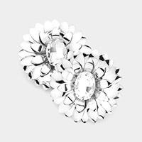 Oval Stone Centered Metal Flower Earrings