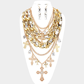 Rhinestone Embellished Cross Pendant Multi Layered Bib Statement Necklace