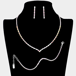 3PCS - Chevron Accented Rectangle Stone Necklace Jewelry Set