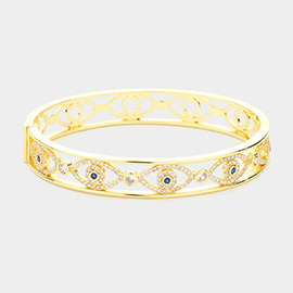 Gold Plated CZ Evil Eye Accent Hinged Bangle Bracelet