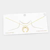 Gold Dipped CZ Embellished Metal Horn Pendant Necklace