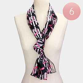 6PCS - Silk Feel Satin Striped Pink Ribbon Pattern Printed Scarves
