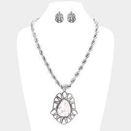 Natural Stone Centered Antique Metal Pendant Necklace