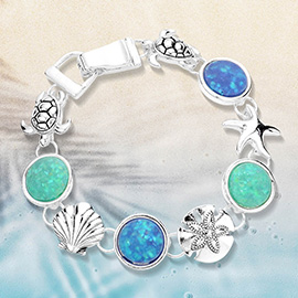 Sea Glass Embossed Metal Sea Life Magnetic Link Bracelet