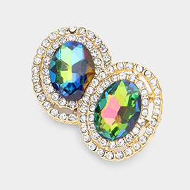 Rhinestone Trim Oval Stone Stud Evening Earrings