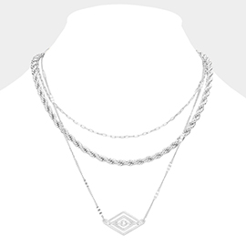 Rhinestone Centered Metal Rhombus Pendant Triple Layered Necklace