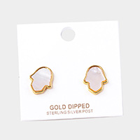 Gold Dipped Metal Trim Mother of Pearl Hamsa Hand Stud Earrings