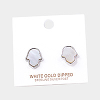 White Gold Dipped Metal Trim Mother of Pearl Hamsa Hand Stud Earrings