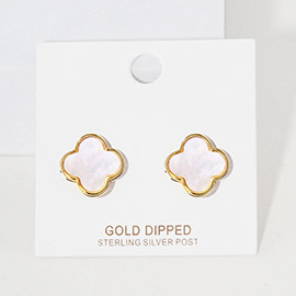 Gold Dipped Metal Trim Mother of Pearl Quatrefoil Stud Earrings