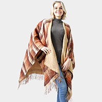 Reversible Plaid Check Patterned Tassel Cape Poncho