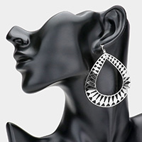Geometric Detailed Brass Metal Teardrop Dangle Earrings