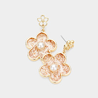 Pearl Centered Glitter Clear Lucite Flower Dangle Earrings