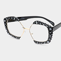 Bling Stone Embellished Clear Lens Angled Sunglasses