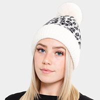 Leopard Patterned Fuzzy Fleece Pom Pom Beanie Hat